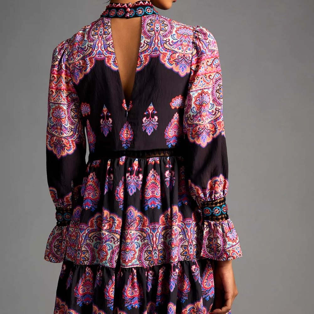 NWT Anthropologie Mini Dress Boho Beaded High Neck Pink & Brown Size 0